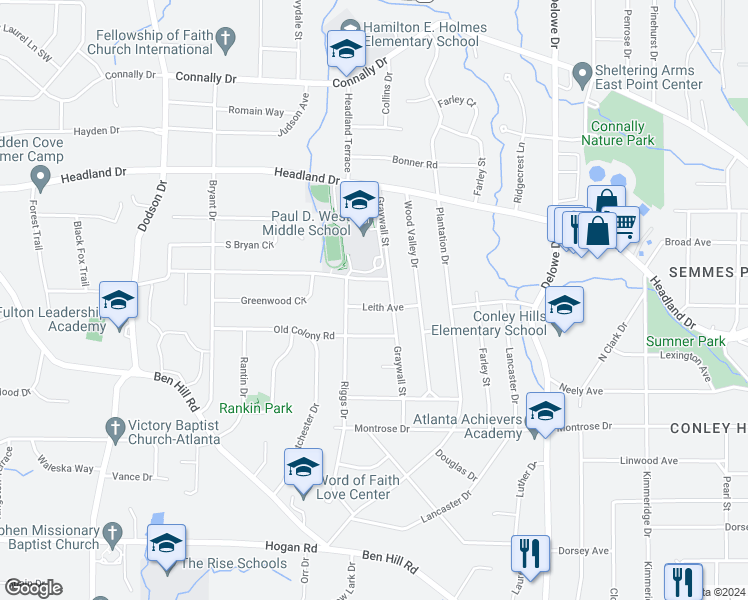 map of restaurants, bars, coffee shops, grocery stores, and more near 2345 Leith Avenue in East Point