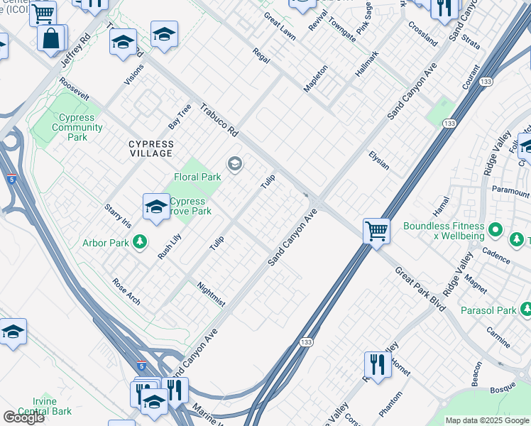 map of restaurants, bars, coffee shops, grocery stores, and more near 78 Field Poppy in Irvine