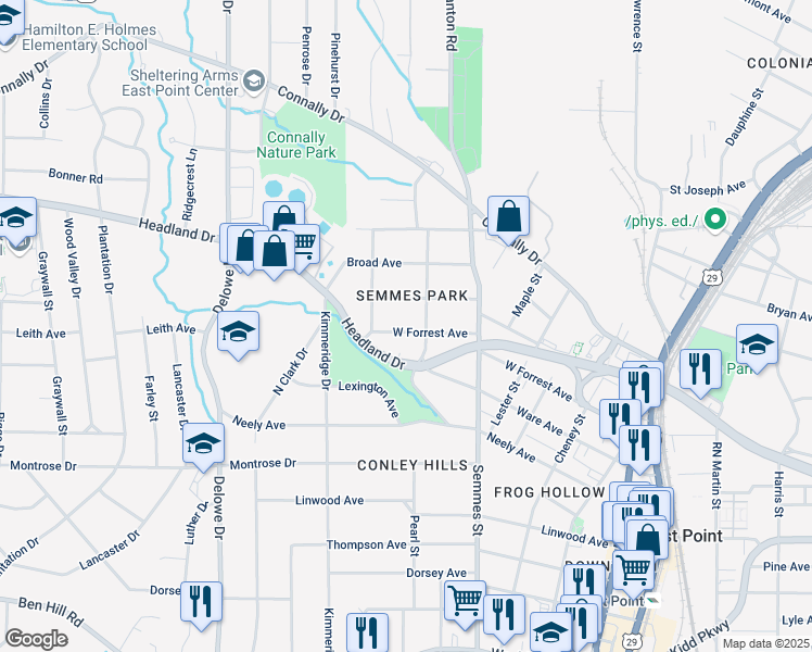 map of restaurants, bars, coffee shops, grocery stores, and more near 1891 West Forrest Avenue in East Point