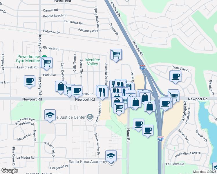 map of restaurants, bars, coffee shops, grocery stores, and more near 29850 Avenue De Real in Menifee