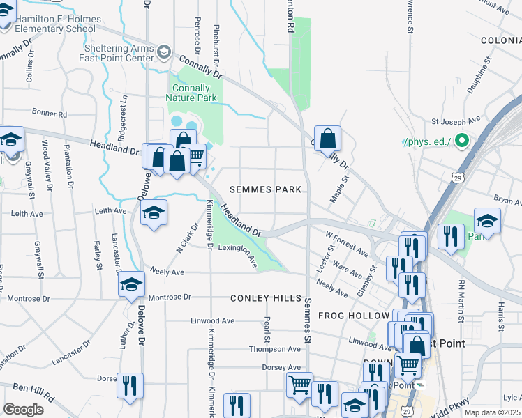 map of restaurants, bars, coffee shops, grocery stores, and more near 1876 Spring Avenue in East Point