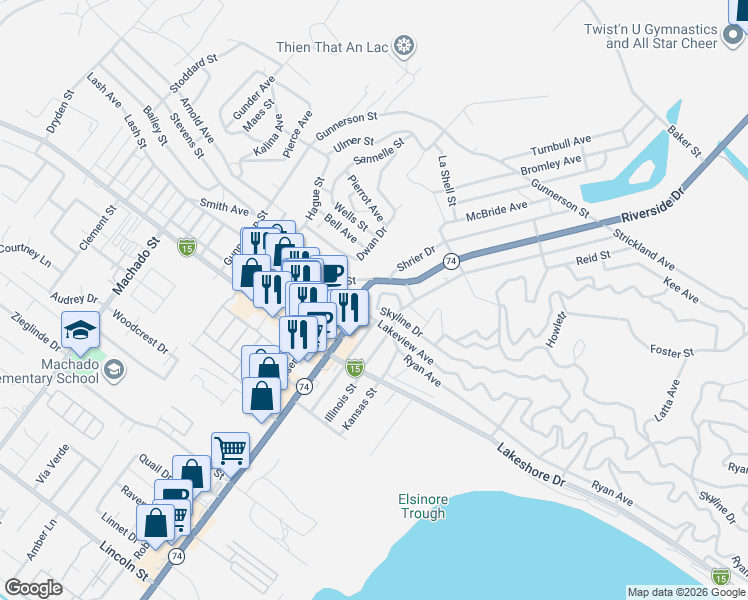 map of restaurants, bars, coffee shops, grocery stores, and more near Skyline Drive in Lake Elsinore