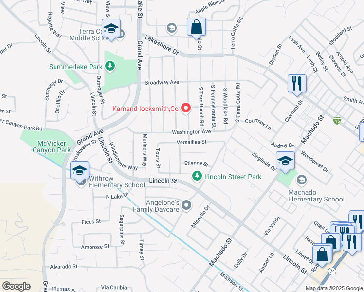 map of restaurants, bars, coffee shops, grocery stores, and more near 15145 Versailles Street in Lake Elsinore
