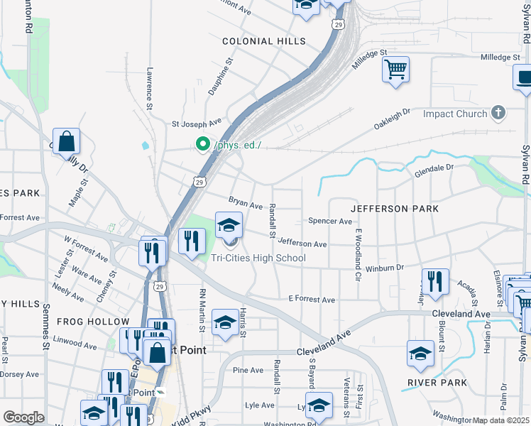 map of restaurants, bars, coffee shops, grocery stores, and more near 1386 Bryan Avenue in Atlanta