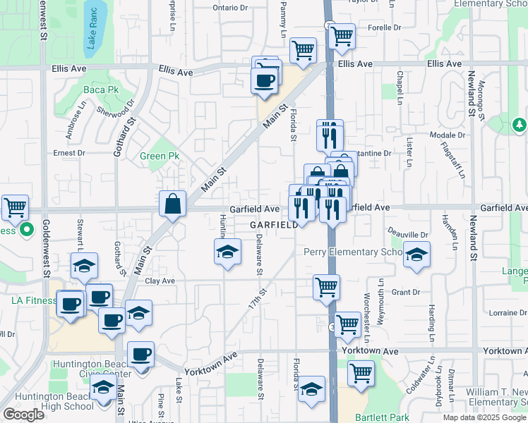 map of restaurants, bars, coffee shops, grocery stores, and more near 19002 Delaware Street in Huntington Beach