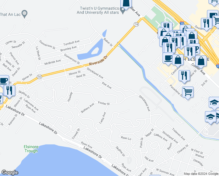 map of restaurants, bars, coffee shops, grocery stores, and more near Kee Avenue in Lake Elsinore