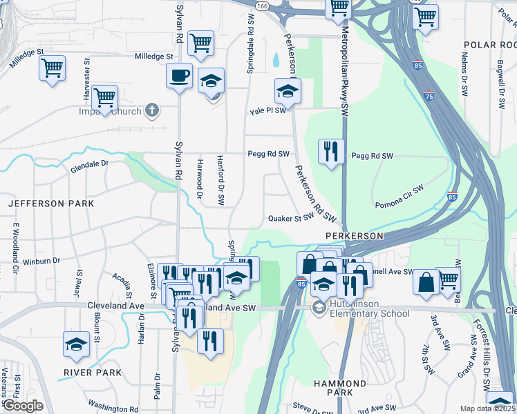 map of restaurants, bars, coffee shops, grocery stores, and more near 2476 Springdale Road Southwest in Atlanta