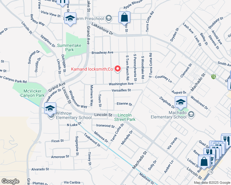 map of restaurants, bars, coffee shops, grocery stores, and more near 15145 Versailles Street in Lake Elsinore