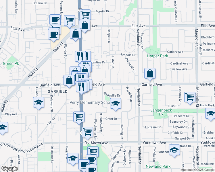 map of restaurants, bars, coffee shops, grocery stores, and more near 8167 Prestwick Circle in Huntington Beach