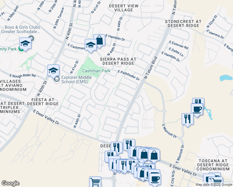 map of restaurants, bars, coffee shops, grocery stores, and more near 4604 East Sands Drive in Phoenix
