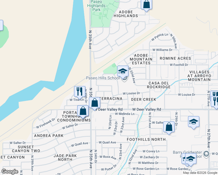 map of restaurants, bars, coffee shops, grocery stores, and more near 3422 West Los Gatos Drive in Phoenix