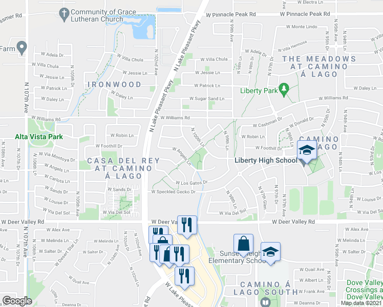 map of restaurants, bars, coffee shops, grocery stores, and more near 22432 North 101st Avenue in Peoria