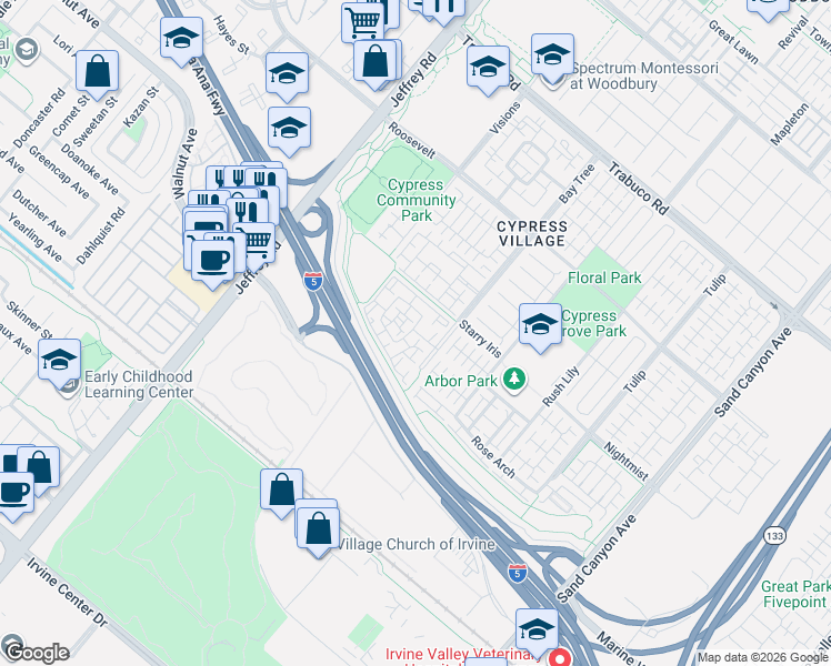 map of restaurants, bars, coffee shops, grocery stores, and more near 422 Pendio in Irvine