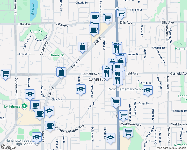 map of restaurants, bars, coffee shops, grocery stores, and more near in Huntington Beach