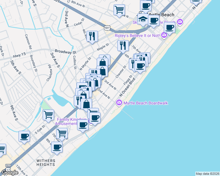 map of restaurants, bars, coffee shops, grocery stores, and more near 403 3rd Avenue North in Myrtle Beach