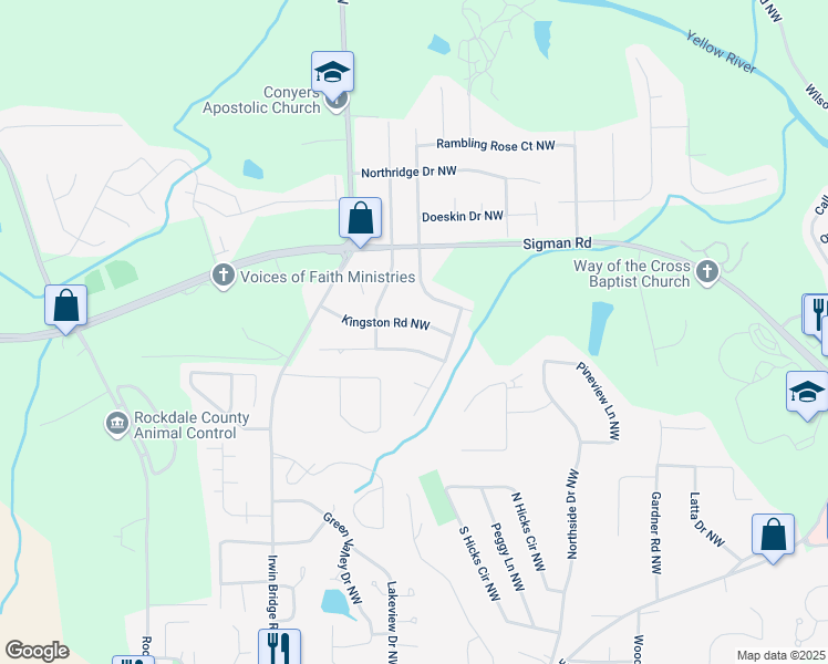 map of restaurants, bars, coffee shops, grocery stores, and more near 961 Kingston Road Northwest in Conyers