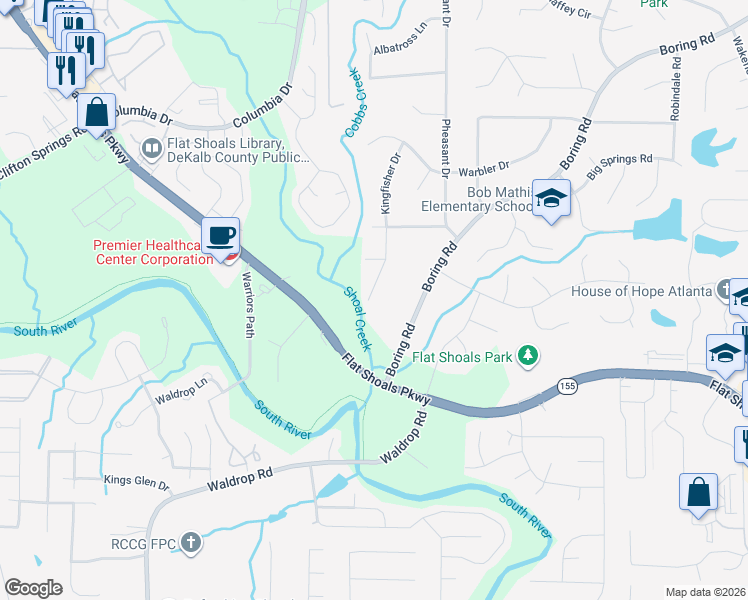 map of restaurants, bars, coffee shops, grocery stores, and more near 4114 Kingship Drive in Ellenwood