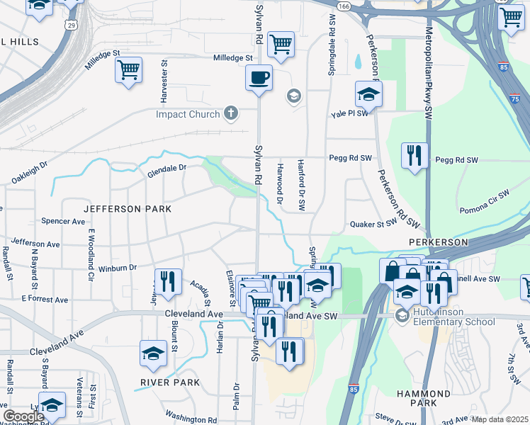 map of restaurants, bars, coffee shops, grocery stores, and more near 2240 Sylvan Road in East Point