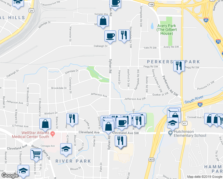 map of restaurants, bars, coffee shops, grocery stores, and more near 2493 Sylvan Road in Atlanta