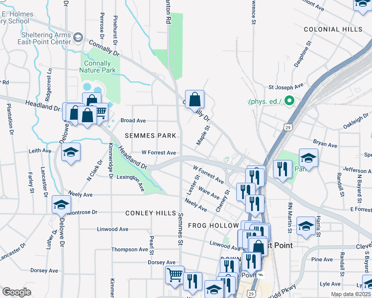 map of restaurants, bars, coffee shops, grocery stores, and more near 2498 Semmes Street in East Point