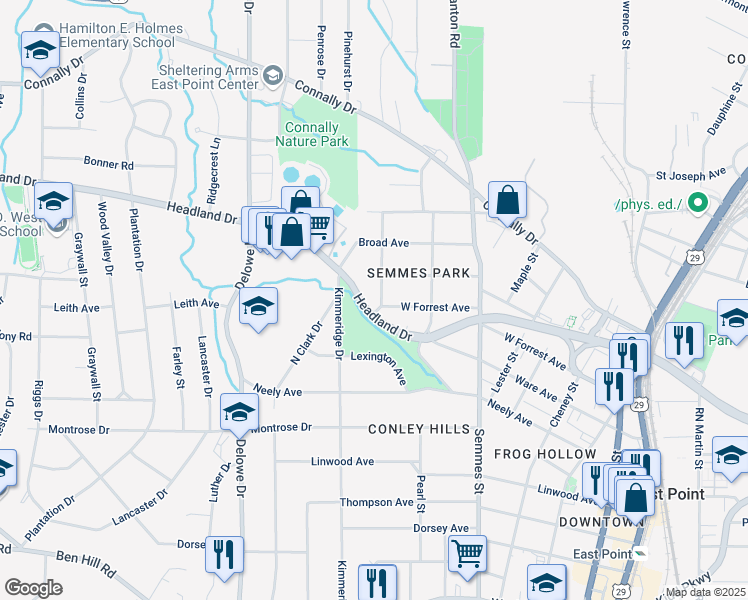 map of restaurants, bars, coffee shops, grocery stores, and more near 1941 Headland Drive in East Point
