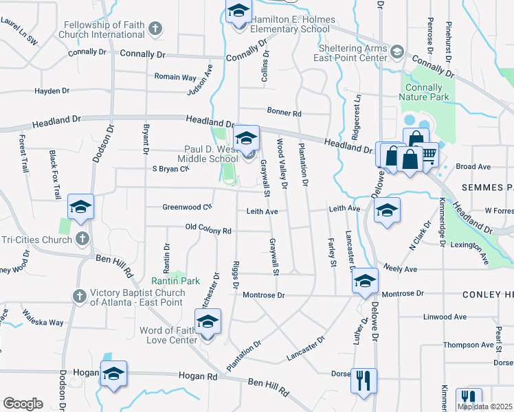 map of restaurants, bars, coffee shops, grocery stores, and more near 2345 Leith Avenue in East Point