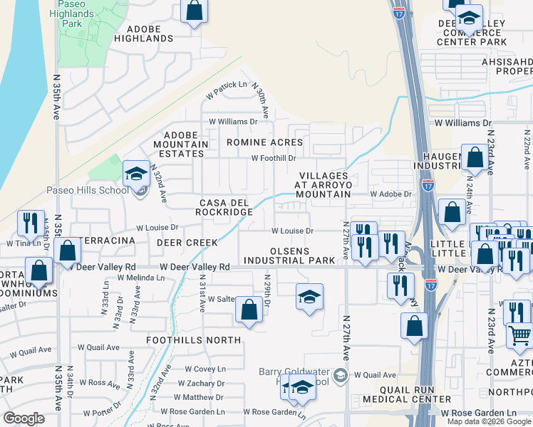 map of restaurants, bars, coffee shops, grocery stores, and more near 22023 North 29th Drive in Phoenix