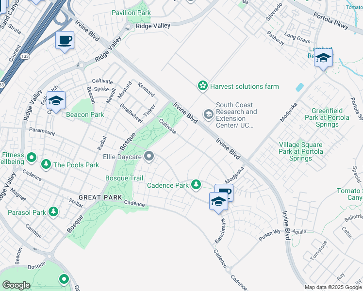 map of restaurants, bars, coffee shops, grocery stores, and more near 117 Crossover in Irvine