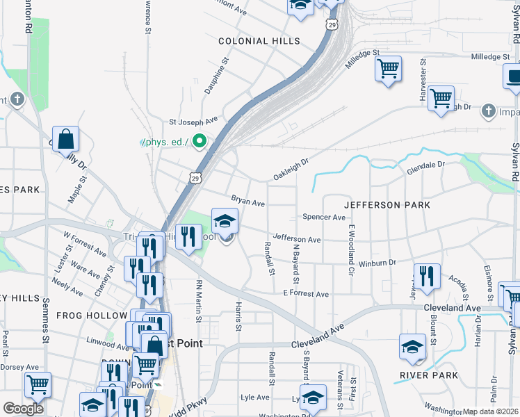map of restaurants, bars, coffee shops, grocery stores, and more near 1386 Bryan Avenue in Atlanta