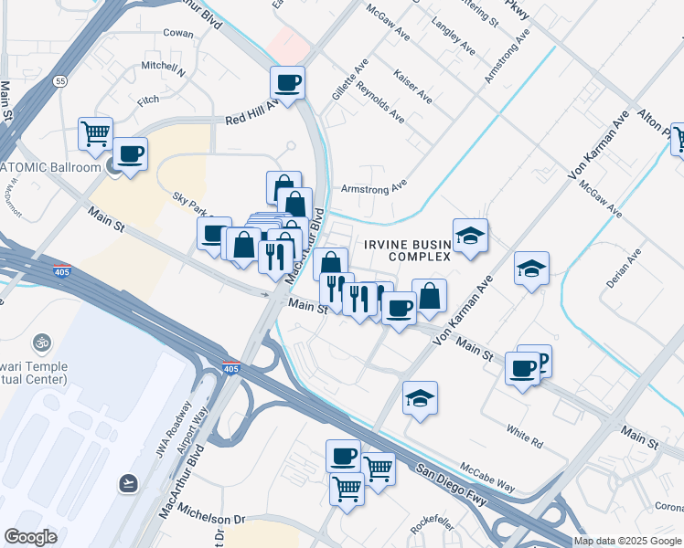 map of restaurants, bars, coffee shops, grocery stores, and more near 114 Citysquare in Irvine