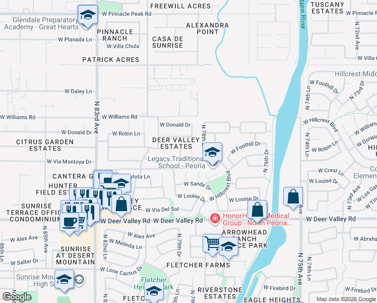 map of restaurants, bars, coffee shops, grocery stores, and more near 7966 West Foothill Drive in Peoria