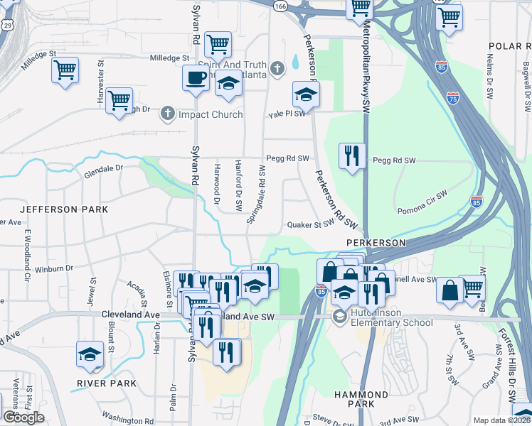 map of restaurants, bars, coffee shops, grocery stores, and more near 2476 Springdale Road Southwest in Atlanta