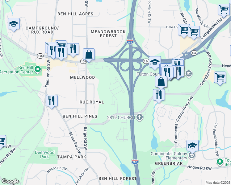 map of restaurants, bars, coffee shops, grocery stores, and more near 2400 Barge Road Southwest in Atlanta