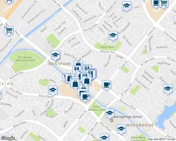 map of restaurants, bars, coffee shops, grocery stores, and more near 902 Solvay Aisle in Irvine