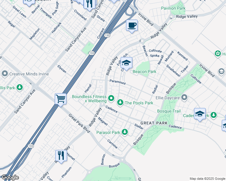 map of restaurants, bars, coffee shops, grocery stores, and more near 116 Pacer in Irvine