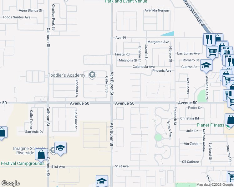 map of restaurants, bars, coffee shops, grocery stores, and more near 84060 Avenue 50 in Coachella