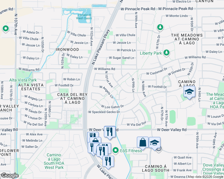 map of restaurants, bars, coffee shops, grocery stores, and more near 22432 North 101st Avenue in Peoria