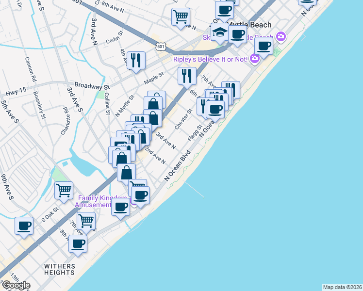 map of restaurants, bars, coffee shops, grocery stores, and more near 309 4th Avenue North in Myrtle Beach
