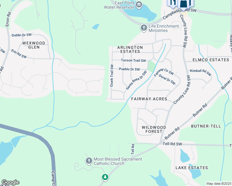 map of restaurants, bars, coffee shops, grocery stores, and more near 2503 Ozark Trail Southwest in Atlanta