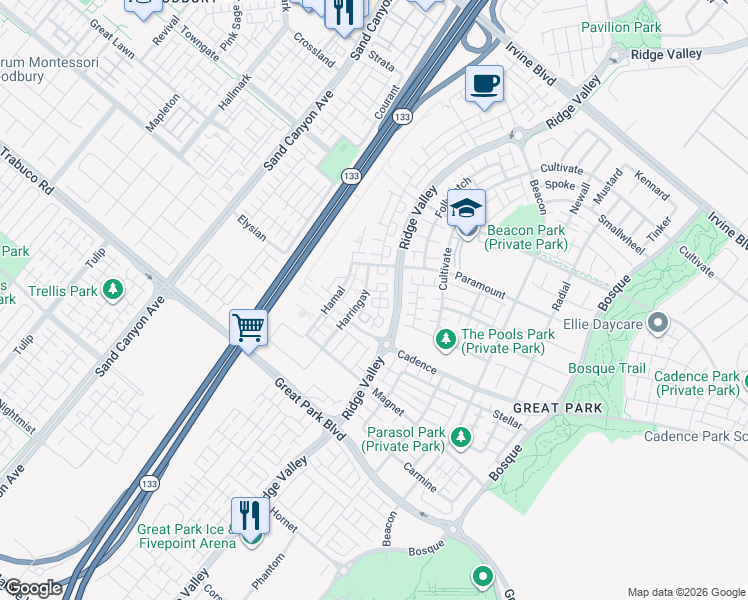 map of restaurants, bars, coffee shops, grocery stores, and more near 222 Harringay in Irvine