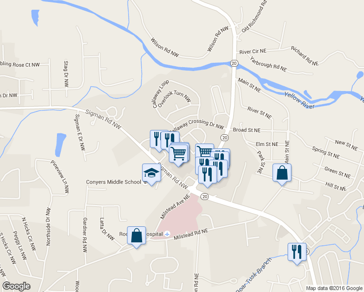 map of restaurants, bars, coffee shops, grocery stores, and more near 120 Odyssey Turn Northwest in Conyers