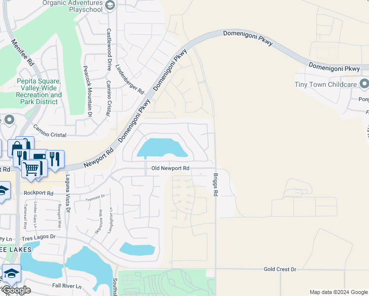 map of restaurants, bars, coffee shops, grocery stores, and more near 29875 Bay View Way in Menifee
