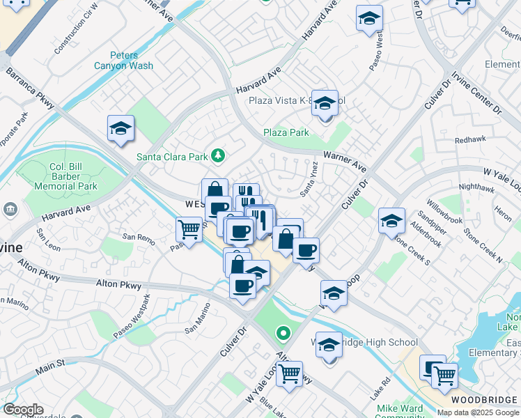 map of restaurants, bars, coffee shops, grocery stores, and more near 602 Solvay Aisle in Irvine