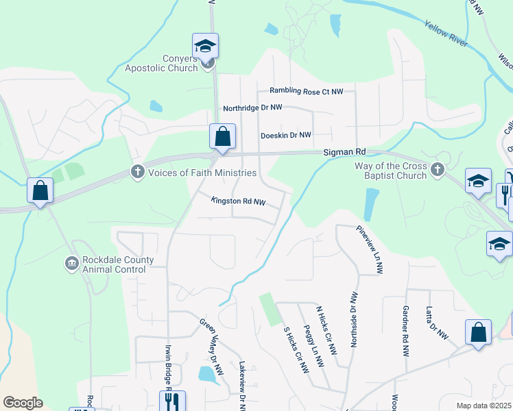 map of restaurants, bars, coffee shops, grocery stores, and more near 961 Kingston Road Northwest in Conyers