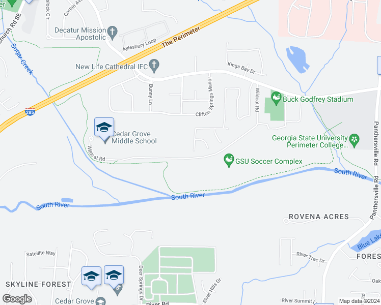 map of restaurants, bars, coffee shops, grocery stores, and more near 2432 Wild Springs Court in Decatur