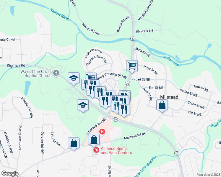 map of restaurants, bars, coffee shops, grocery stores, and more near 130 Hawkeye Lane Northwest in Conyers