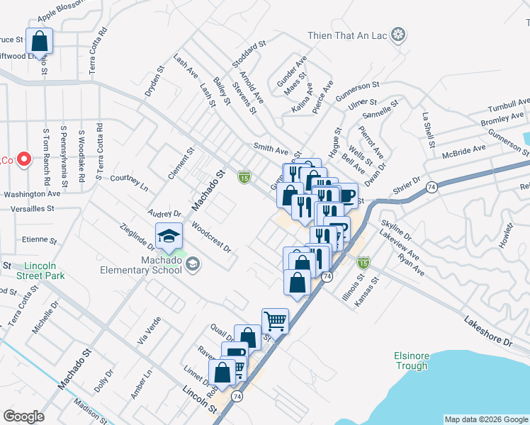 map of restaurants, bars, coffee shops, grocery stores, and more near in Lake Elsinore