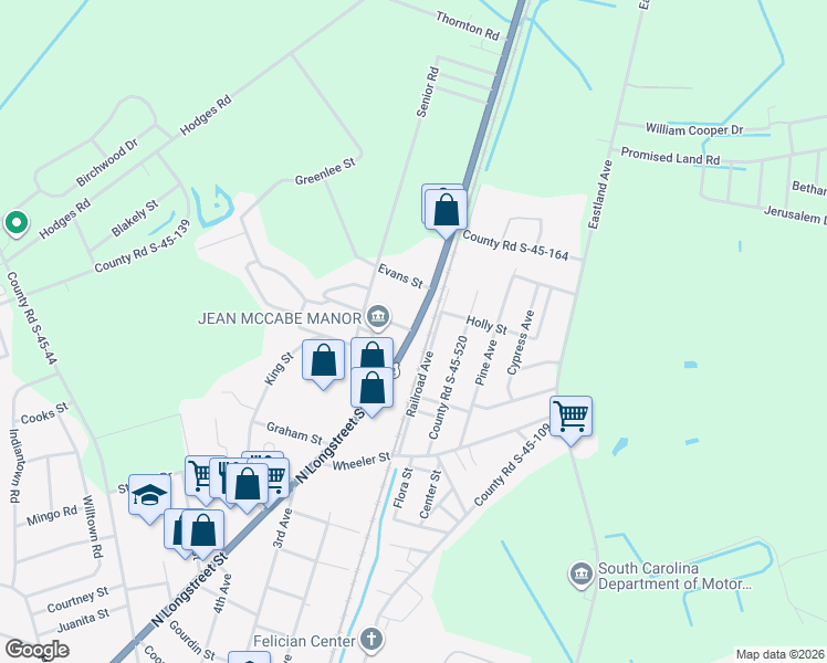 map of restaurants, bars, coffee shops, grocery stores, and more near 2 County Road S-45-411 in Kingstree