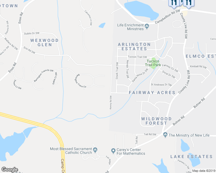 map of restaurants, bars, coffee shops, grocery stores, and more near 405 Kendrick Terrace Southwest in Atlanta