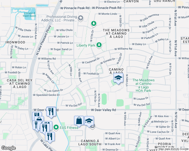 map of restaurants, bars, coffee shops, grocery stores, and more near 22424 North 97th Drive in Peoria